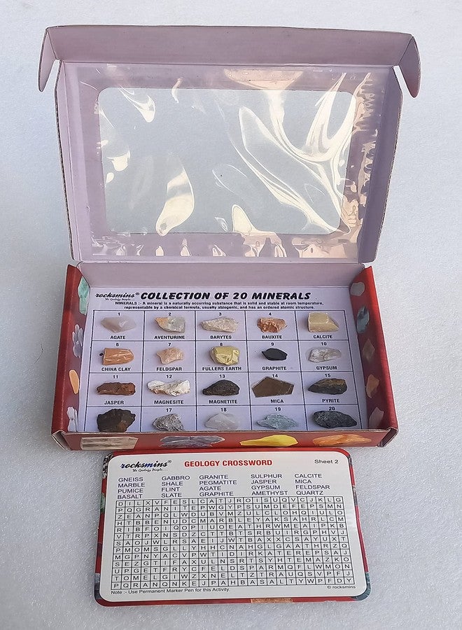 ROCKSMINS Collection Set of 20 Minerals School Education Mineral Samples Activity Geology Earth Science Stones Mineral Memory Great Educational STEM Toys for Kids Free Geology Crossword Activity Card - Image 2